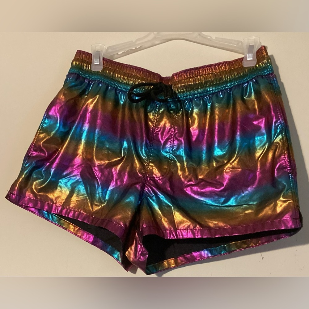 ASOS Design Multi Color Metallic Rainbow Drawstring Shorts with mesh lining EUC